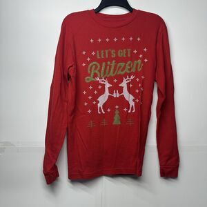 Men's M Red Christmas Shirt "Let's Get Blitzen" Funny Reindeer Knit Holiday Tee